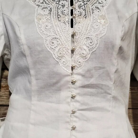 VTG 80s Jessica McClintock Edwardian Ivory Linen Skirt Set - Picture 3 of 16